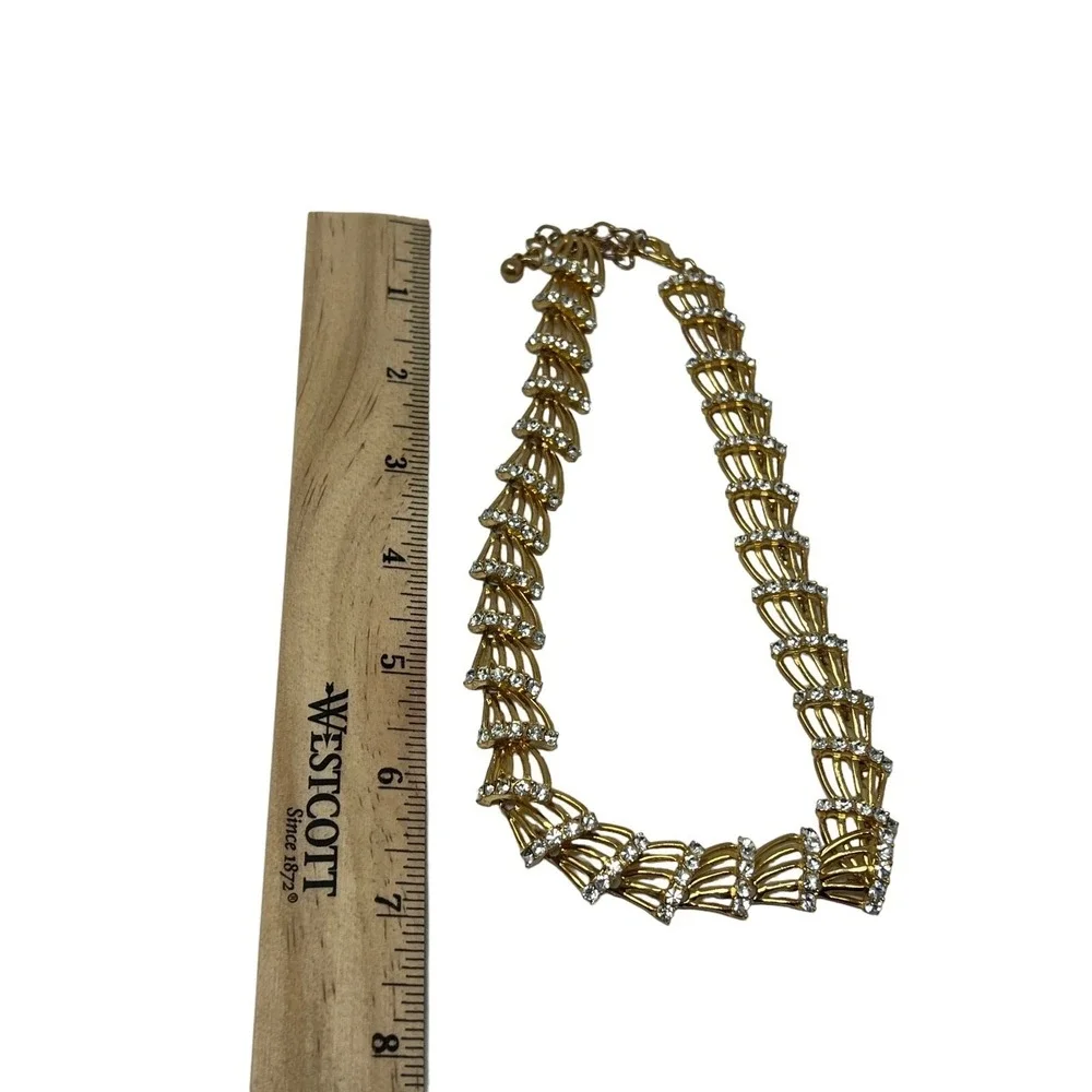 Vintage Necklace Earrings Statement Gold Tone Crystal Accents Demi Parure‎